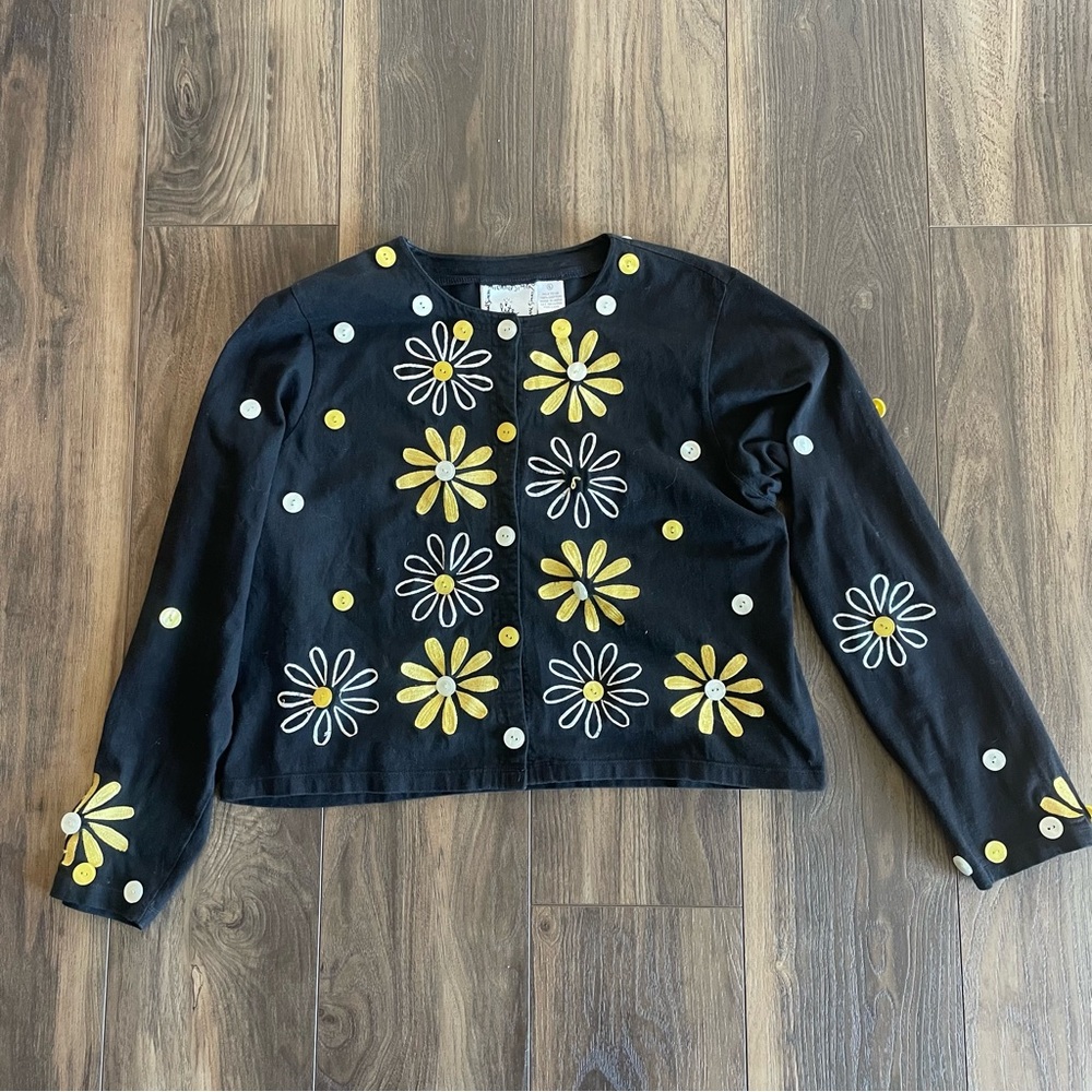 Michael Simon Vintage Lite Daisy Floral Embroidered 3D Button Cardigan Sweater